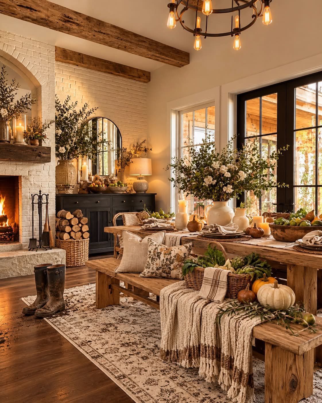 Rustic dining room with a warm glowing chandelier, wooden table, and brick fireplace.