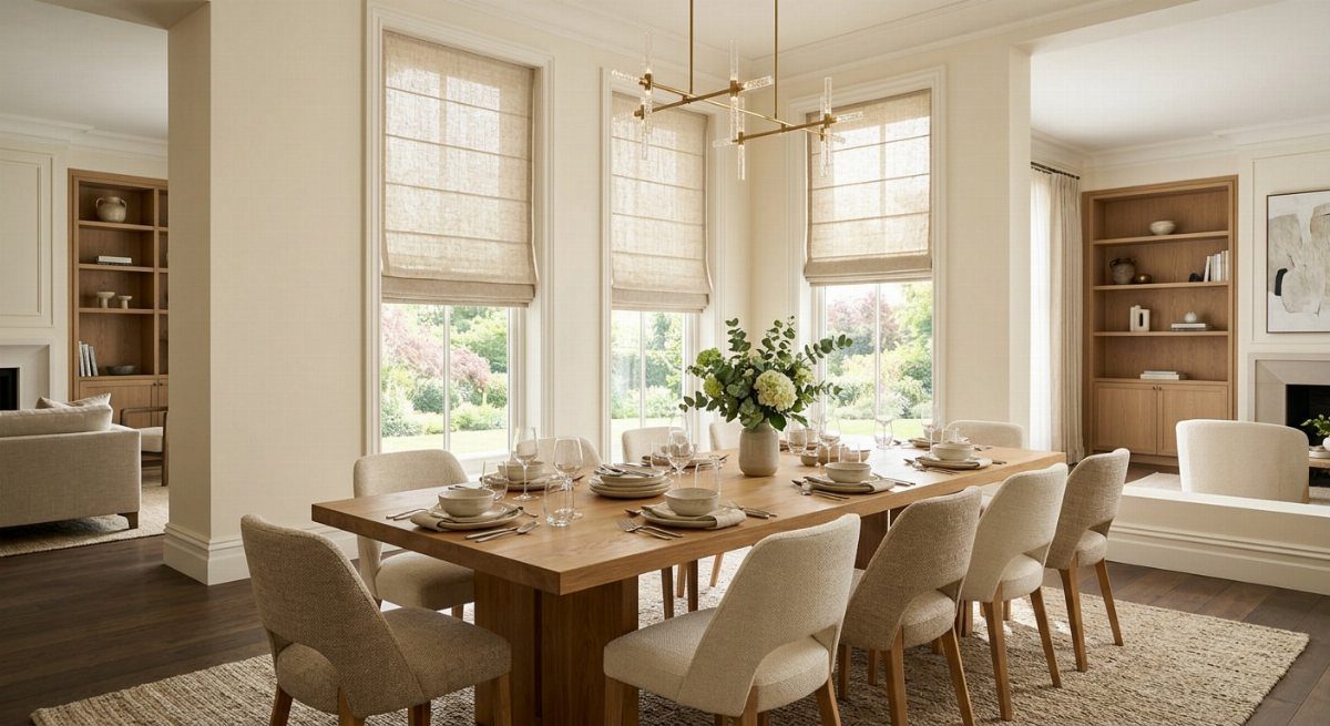 Woven Roman blinds on windows in a bright cottage style dining room.