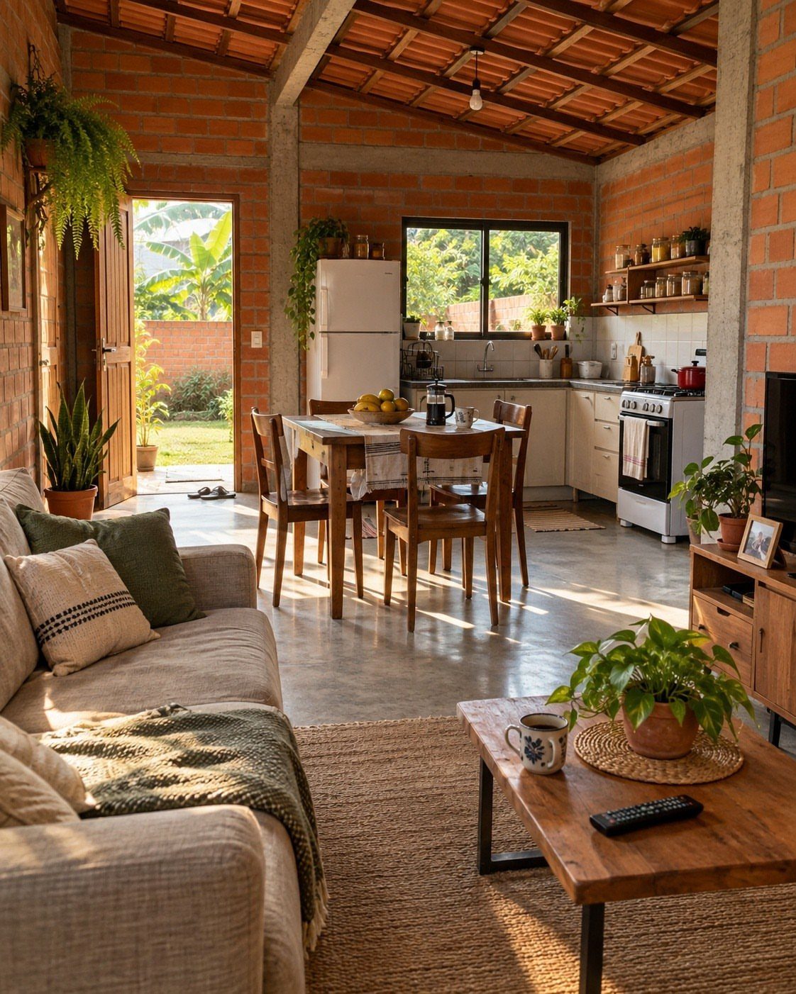 Rustic interior with red brick walls, terracotta ceiling, and wooden dining furniture.