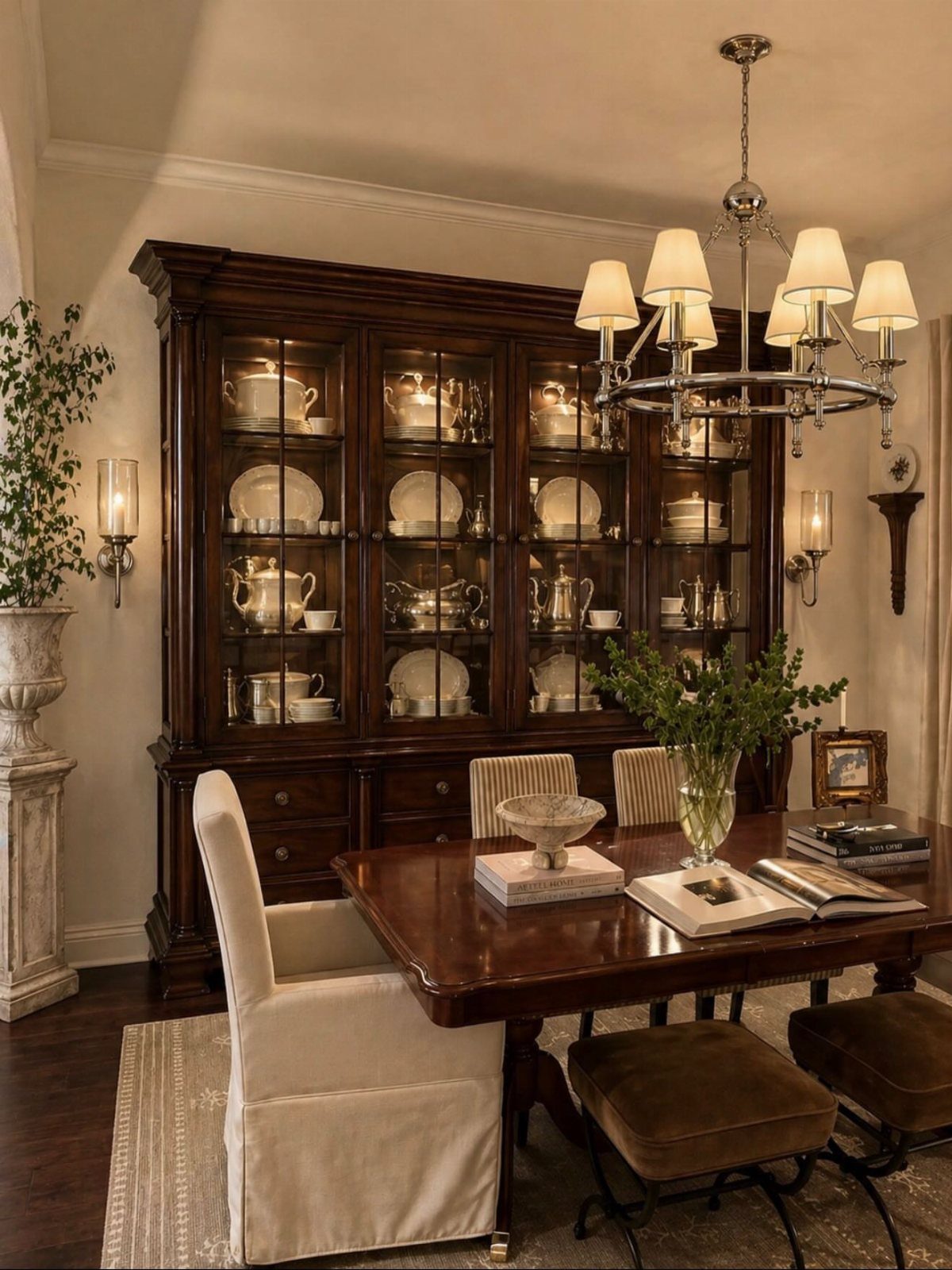 Large dark wood built-in hutch with glass doors displaying white china in dining room