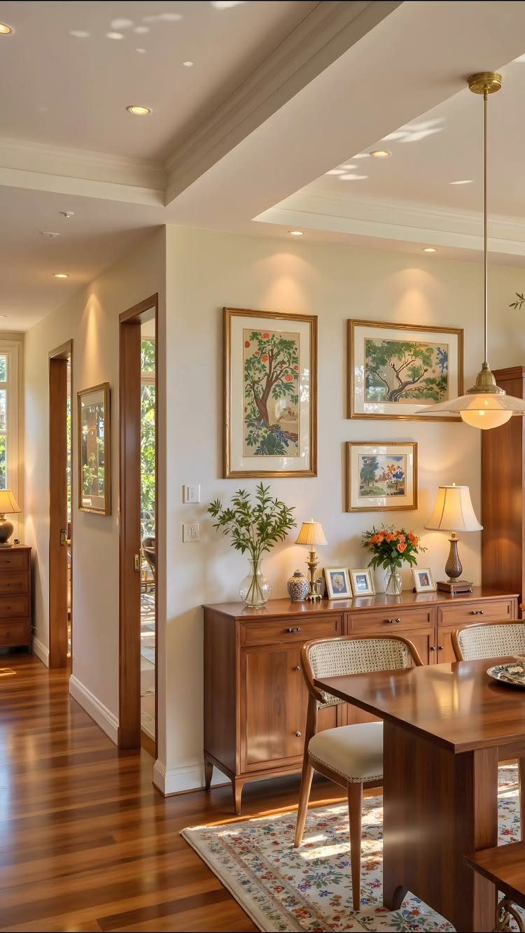 Wooden dining table and sideboard with framed art in a traditional country style room