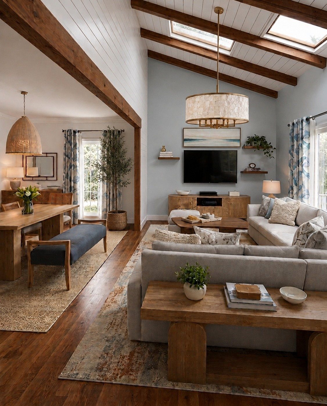 Vaulted ceiling with exposed dark wooden beams in a rustic open-concept living room.