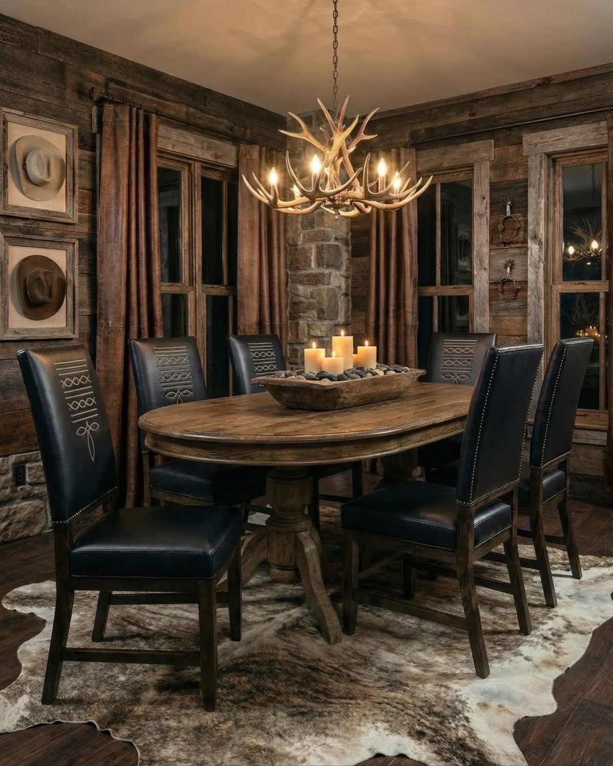 Rustic dining room with wooden table, black leather chairs, and antler chandelier.