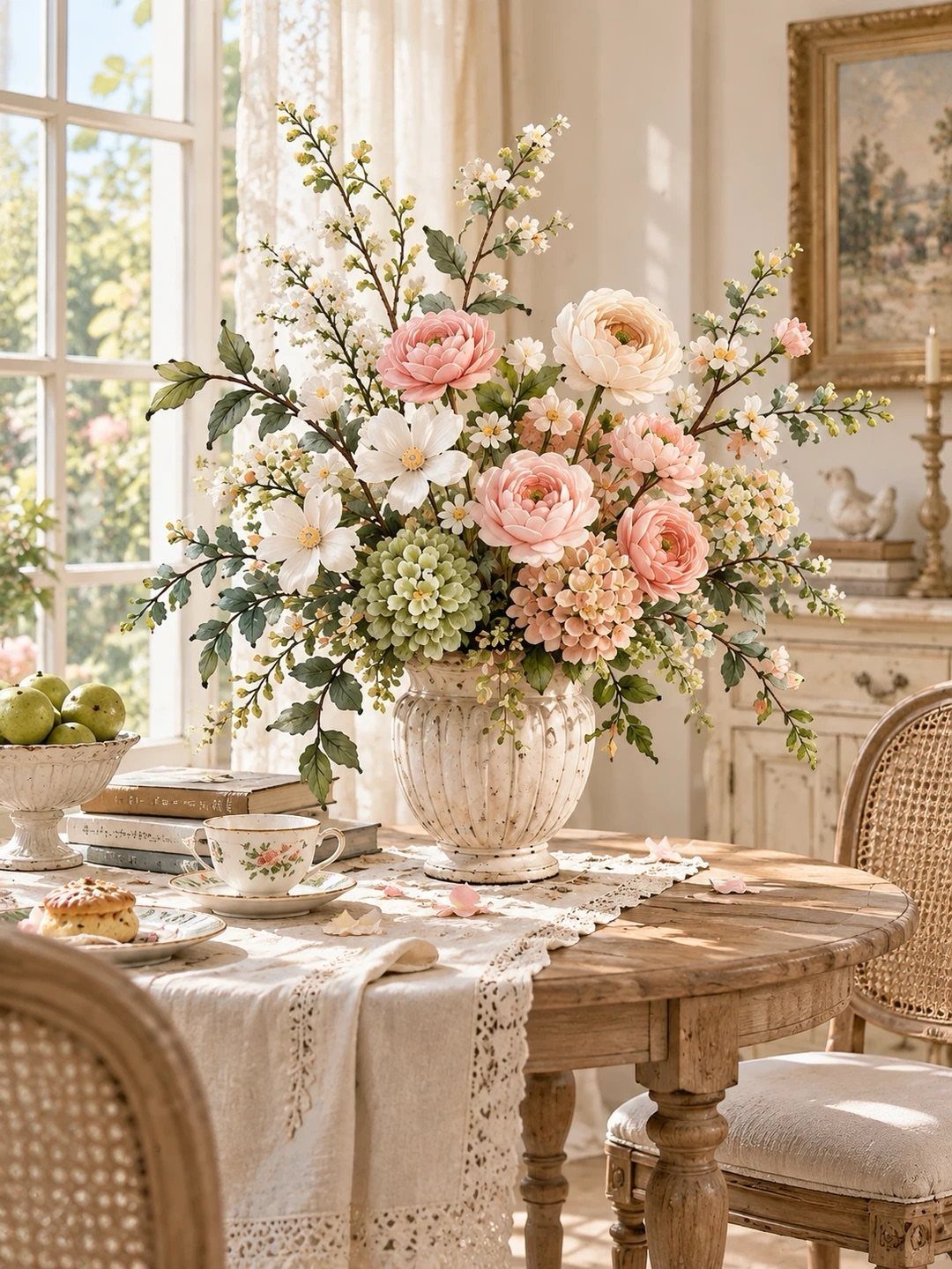 Large bouquet of pink and white flowers in a white vase on a wooden table.