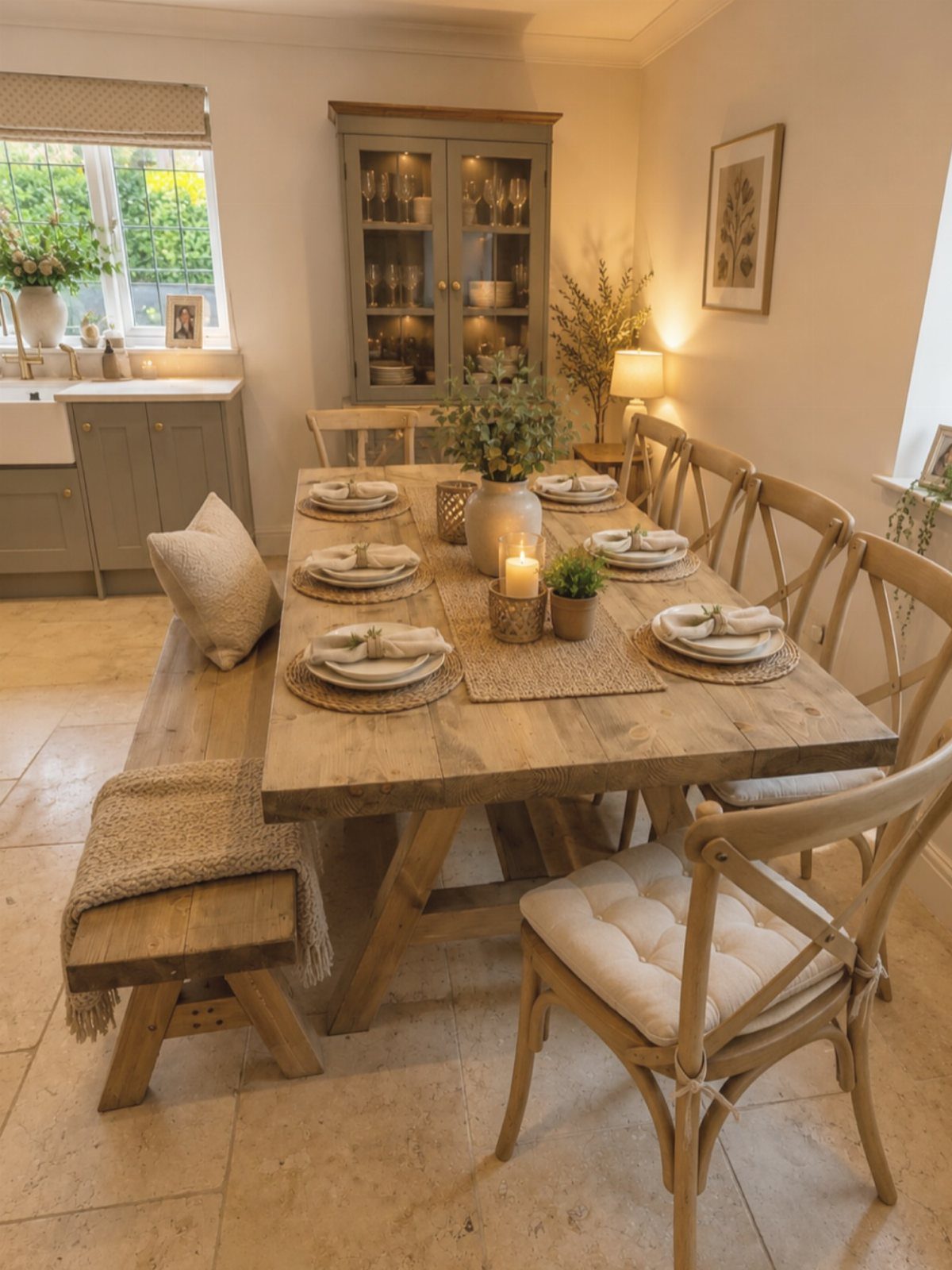 Weathered wooden farmhouse table with cross-back chairs and a bench in a country kitchen.