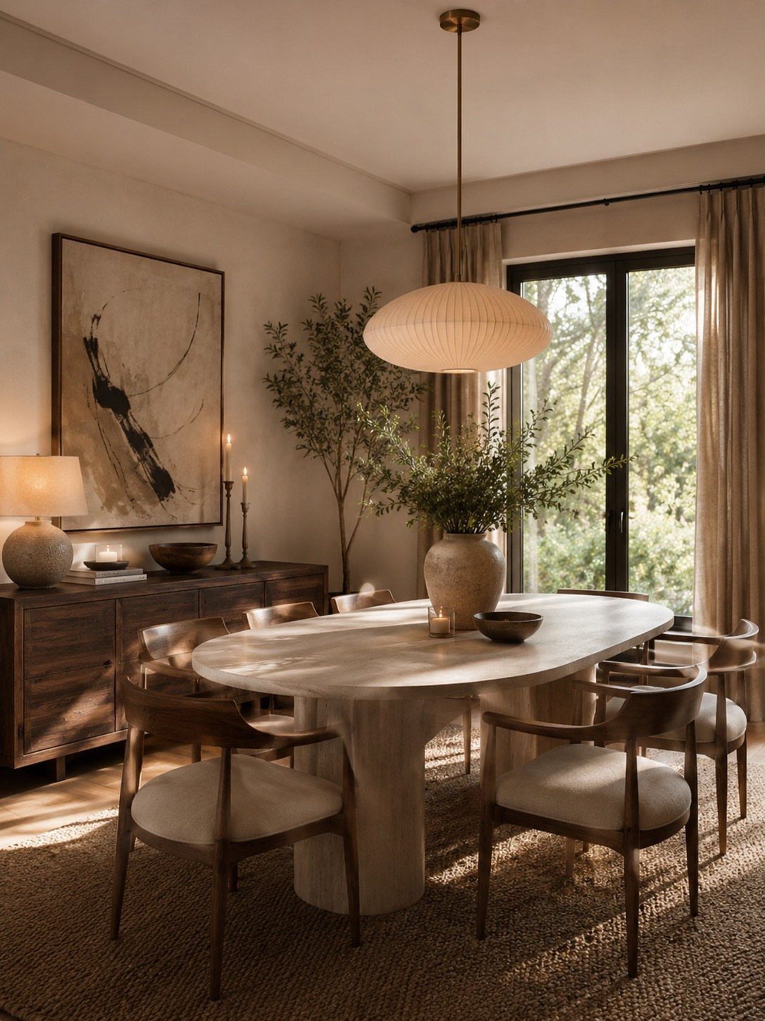 Oval white dining table and wooden chairs on a brown textured rug.