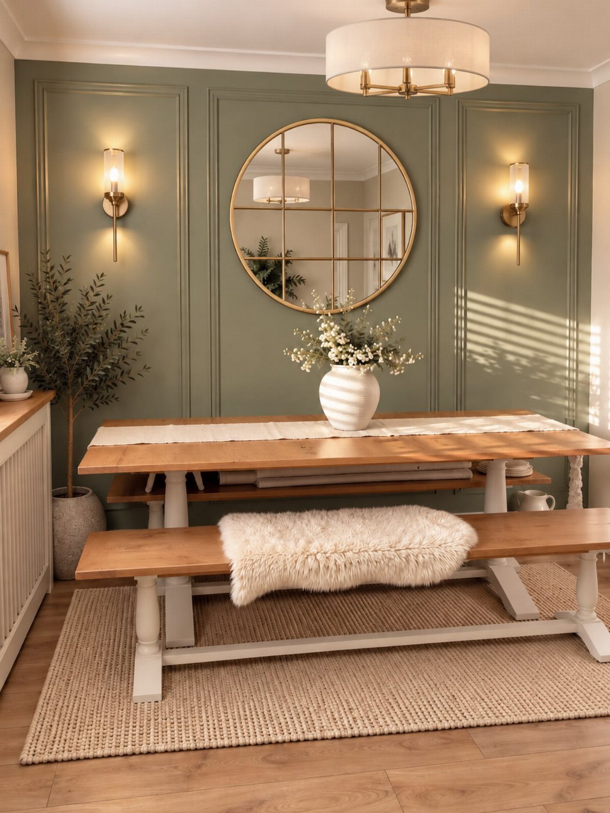 Woven jute rug under a wooden dining table and bench in a green room