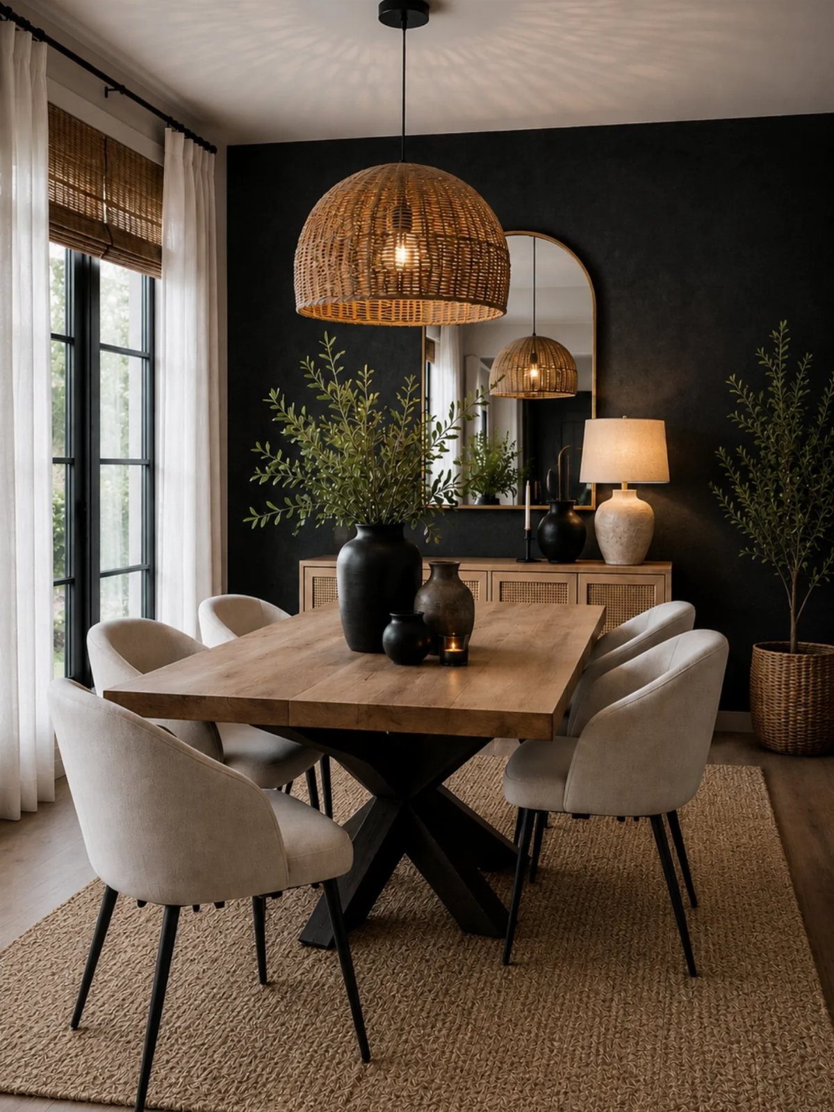 Rectangular wooden dining table with gray chairs on a natural jute area rug