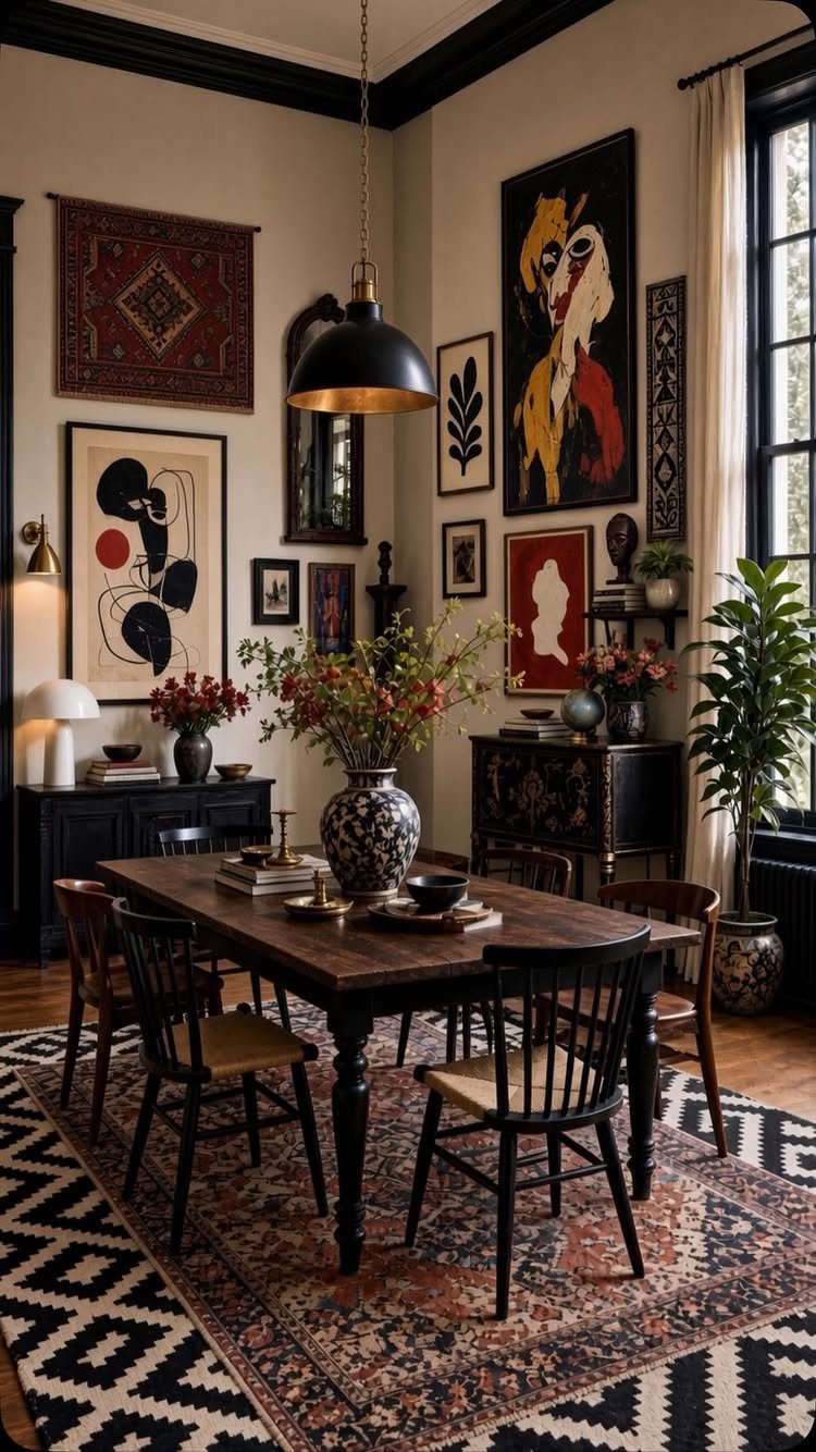 Dining room with a wooden table and chairs on a patterned area rug.