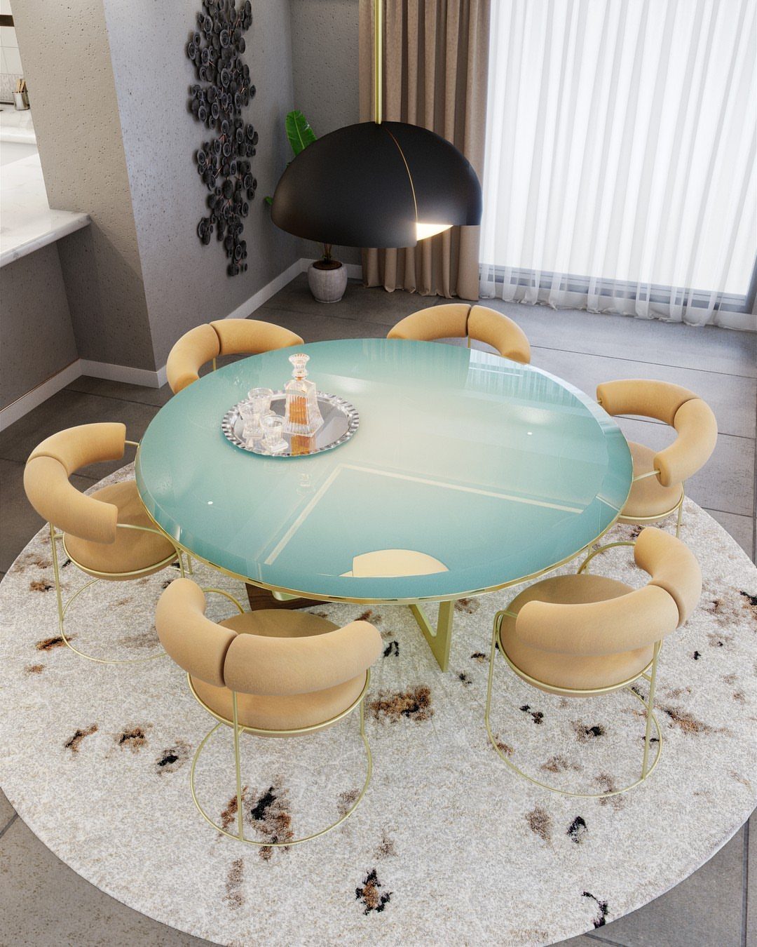 Round light-blue glass dining table and beige chairs on a circular white spotted rug.