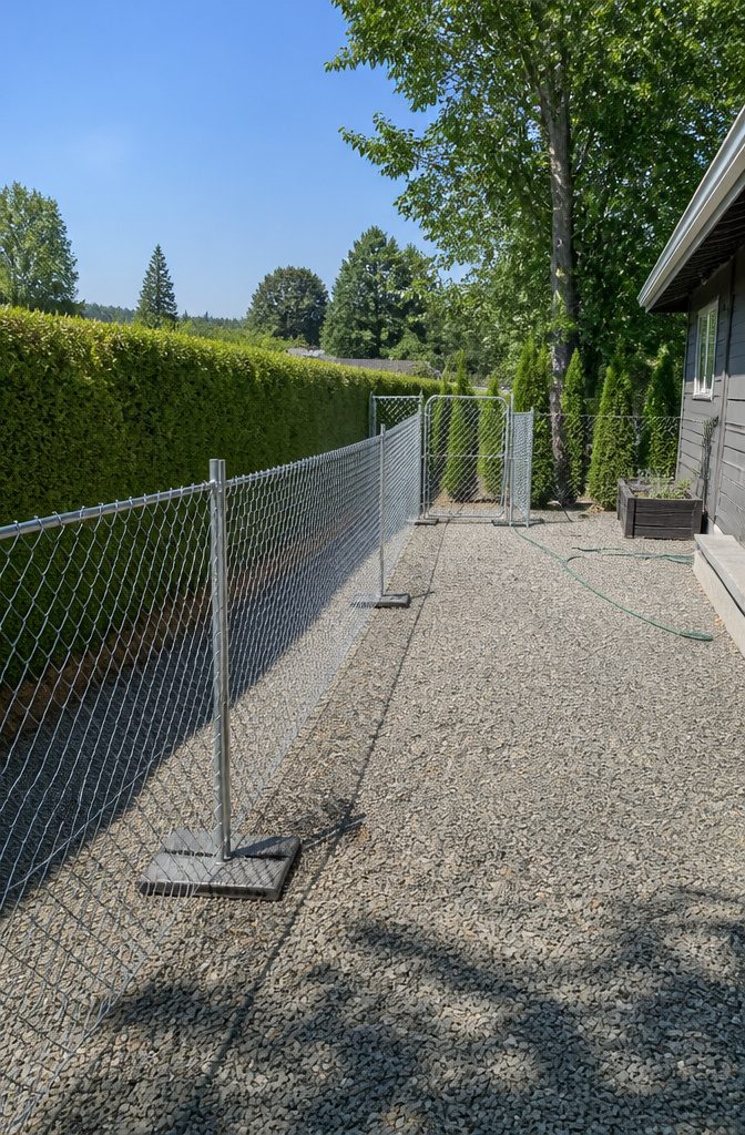Temporary chain-link fence with portable posts and a gate