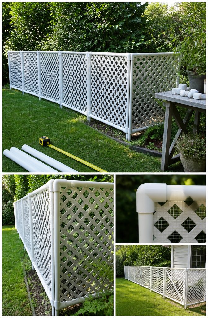 PVC pipe fence frame with mesh panels in a backyard