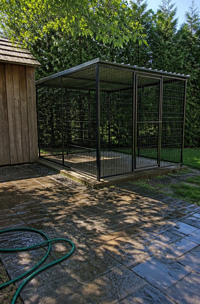 Roofed metal kennel standing in a backyard