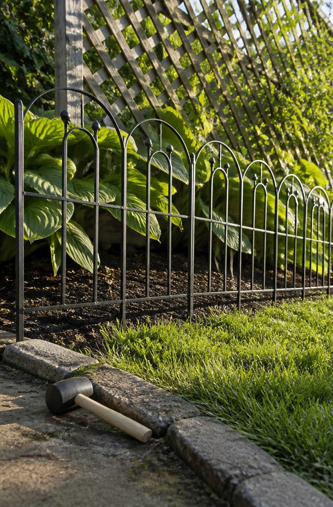 Metal no-dig fence panels connected along a grassy yard