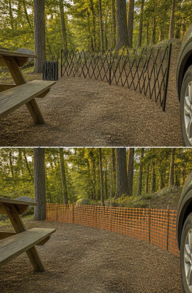 Accordion-style expandable fence panel stretched across a yard
