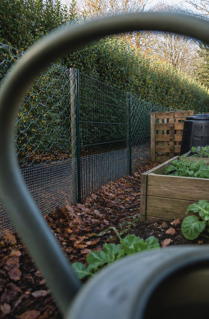 Three wire fence types along raised garden beds and leafy plants