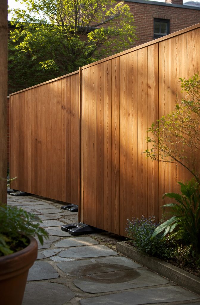 Wooden privacy fence panels set along a backyard