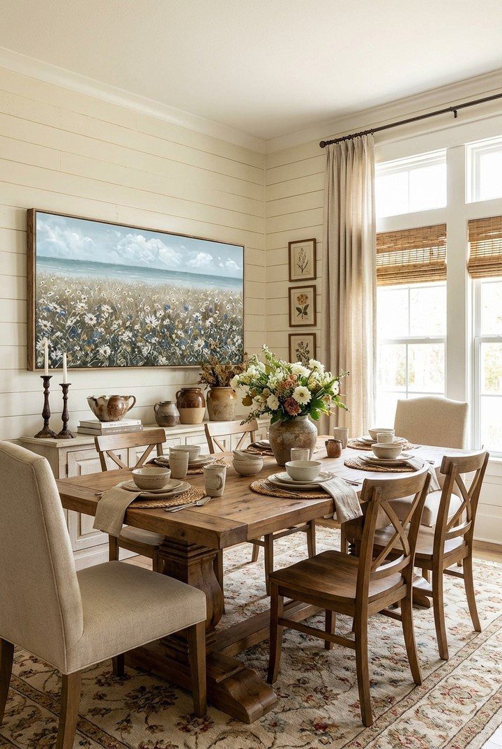 Wooden farmhouse dining table with cross-back and upholstered chairs in a shiplap room.