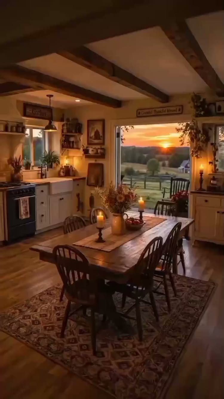 Wooden farmhouse dining table and chairs in a rustic kitchen during sunset.