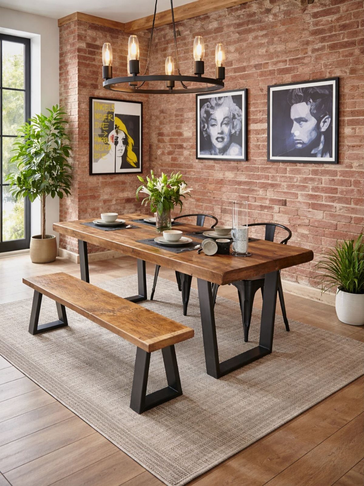 Rustic wooden dining table and bench with black metal legs against brick wall