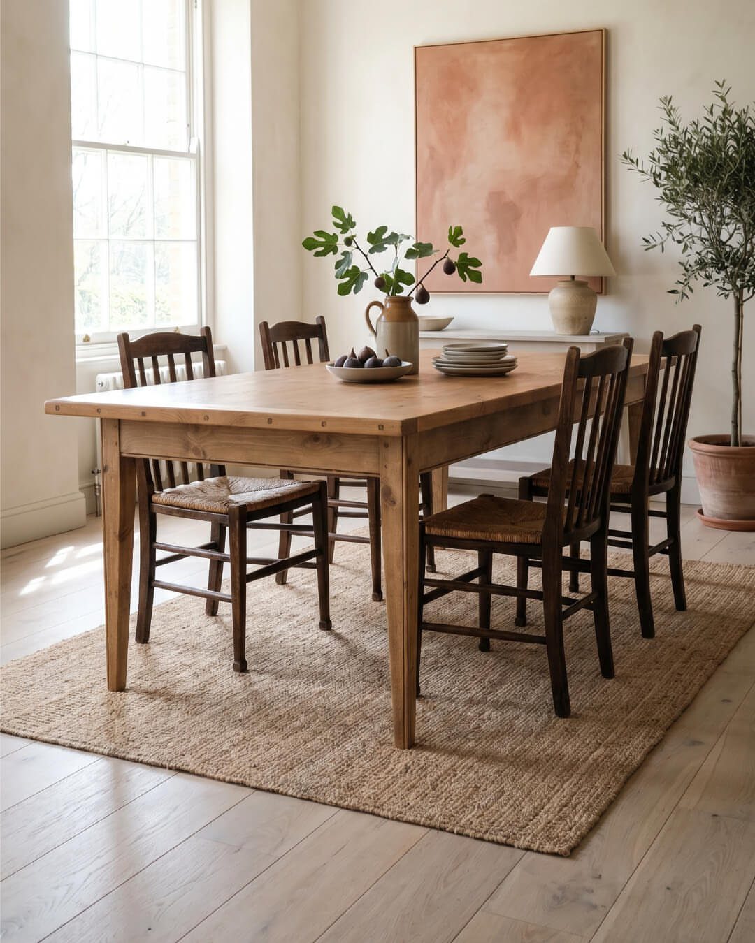 Wooden farmhouse dining table and dark wood chairs on a natural jute rug.