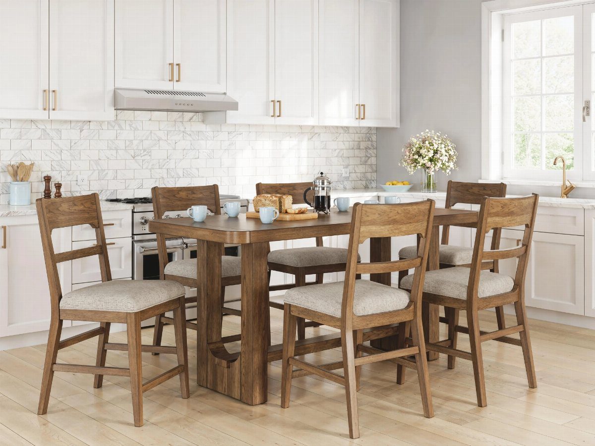 Wooden farmhouse dining table and chairs in a bright white kitchen setting.