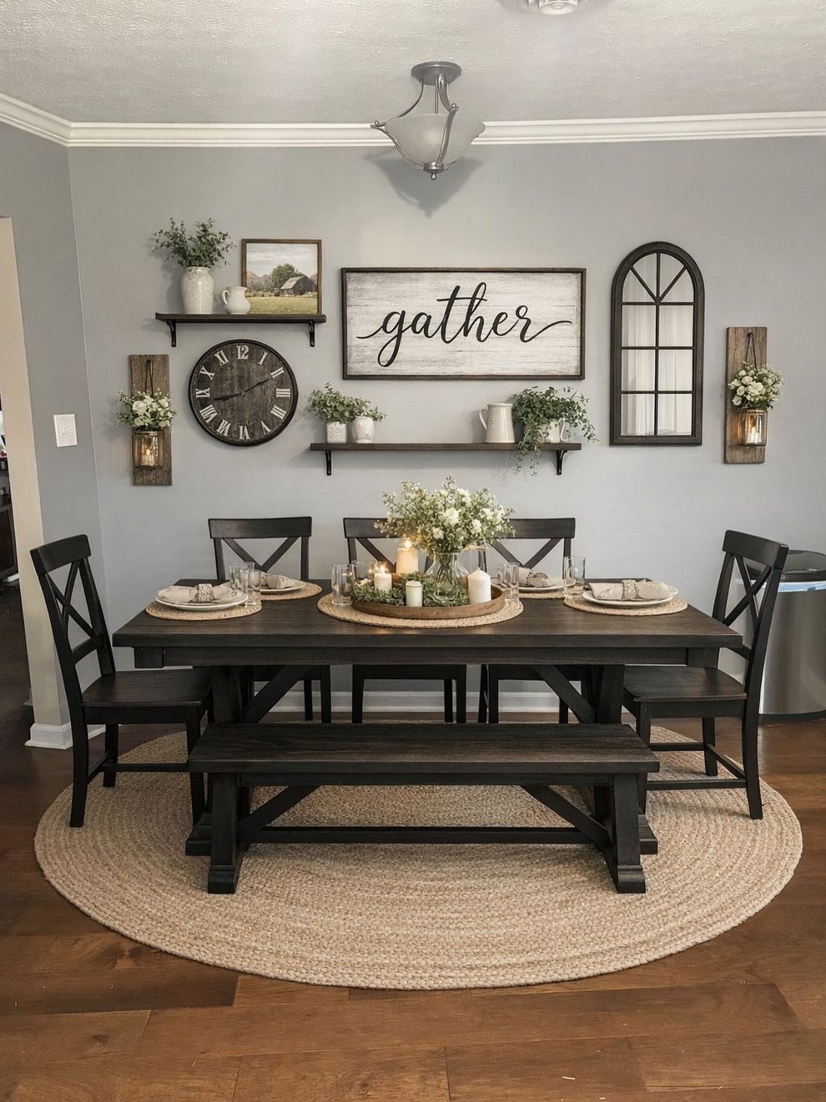 Dark wood farmhouse dining table with X-back chairs and bench on a jute rug.