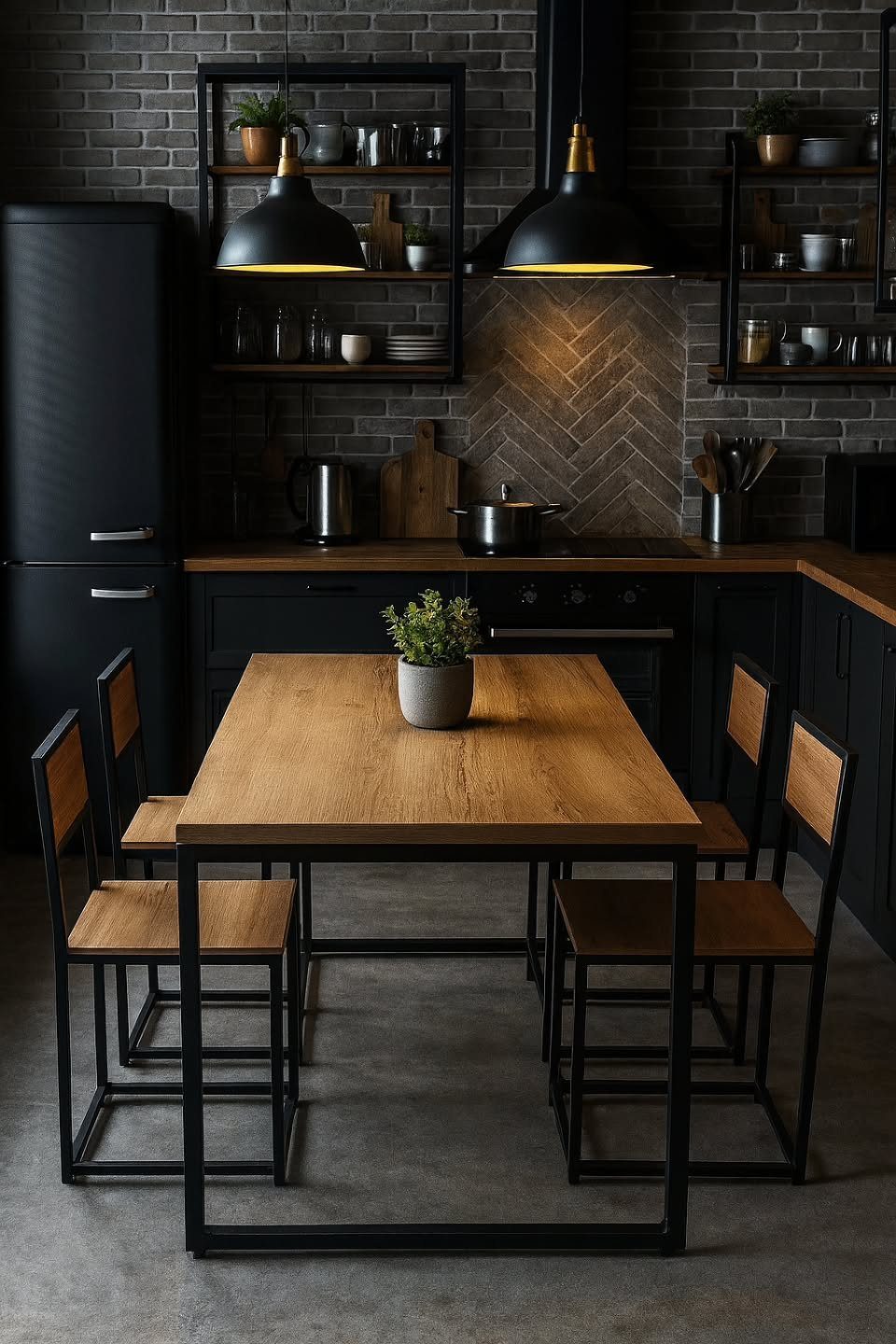 Wooden dining table with black metal frame and matching chairs in industrial kitchen.
