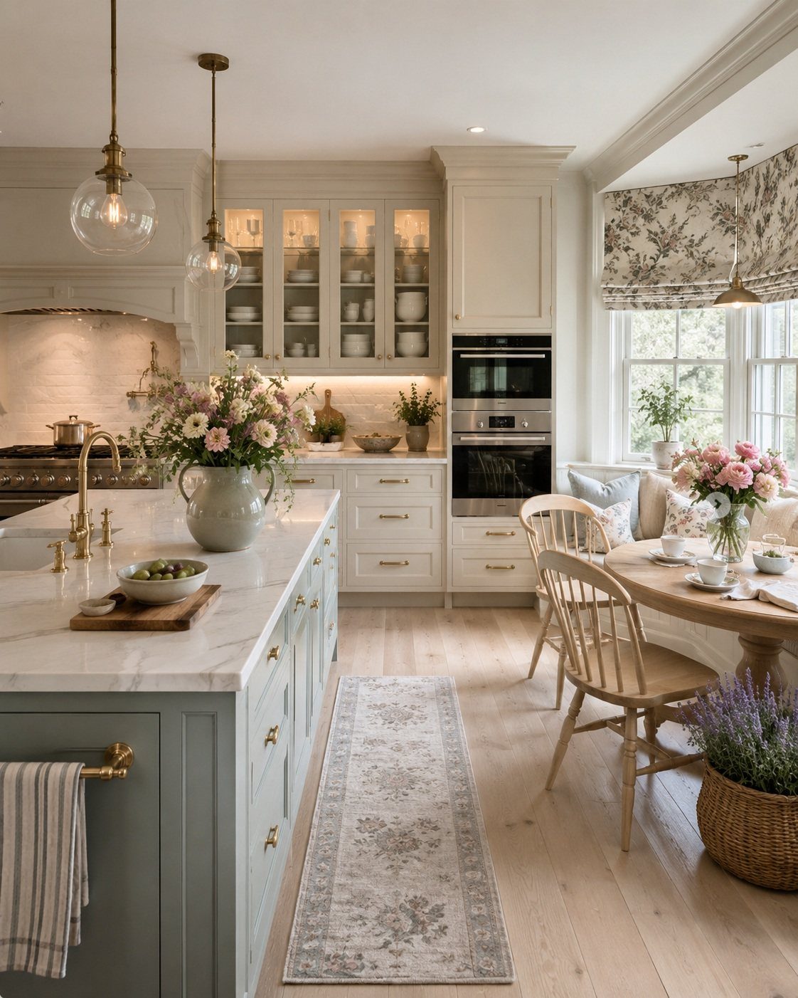 Round wooden dining table and chairs in a bright, farmhouse style kitchen area.