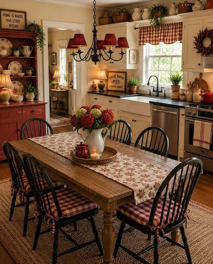 Wooden farmhouse dining table with black chairs and red checkered cushions in a kitchen.