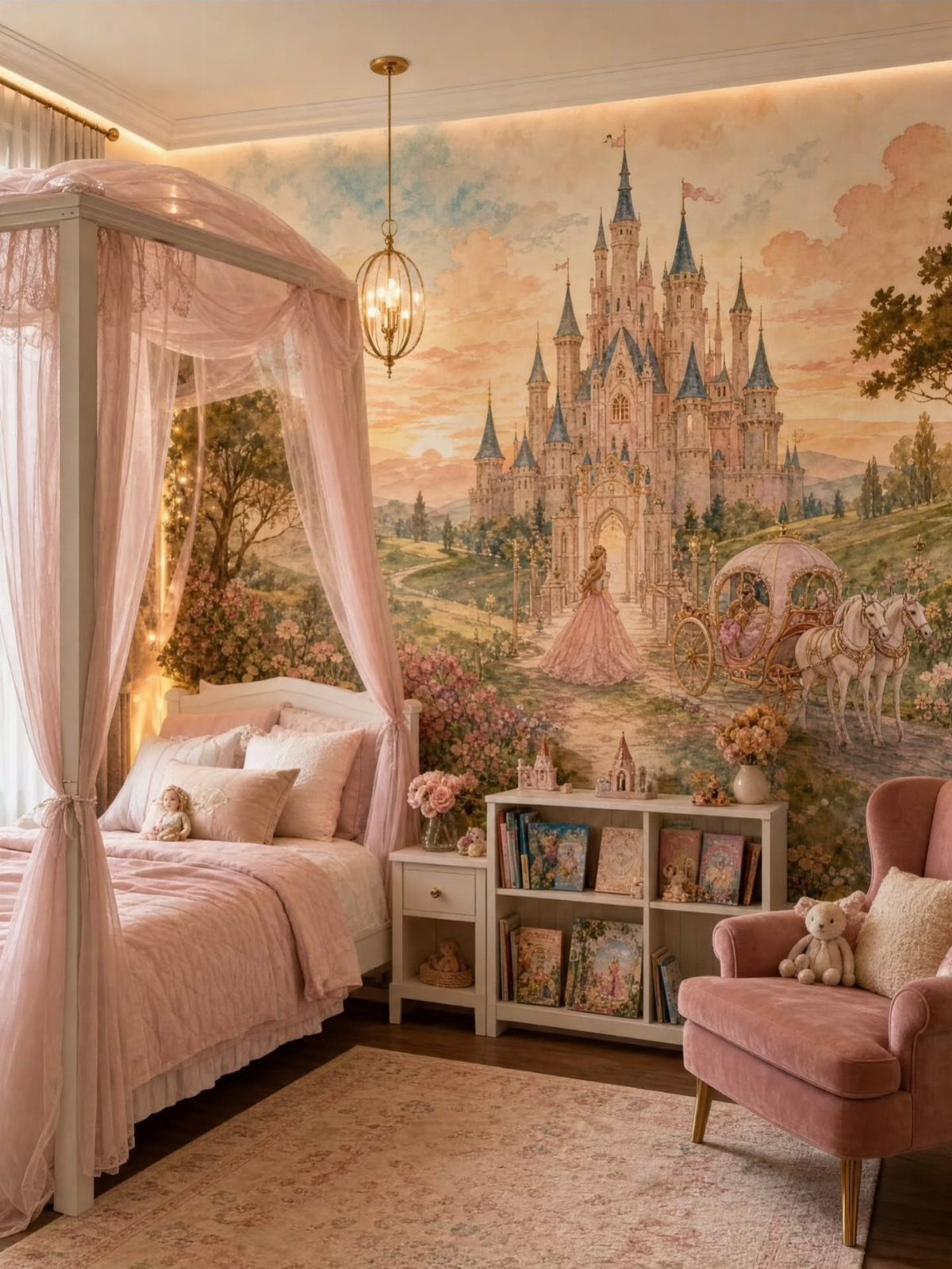 Pink canopy bed and armchair in a room with a fairytale castle wall mural.
