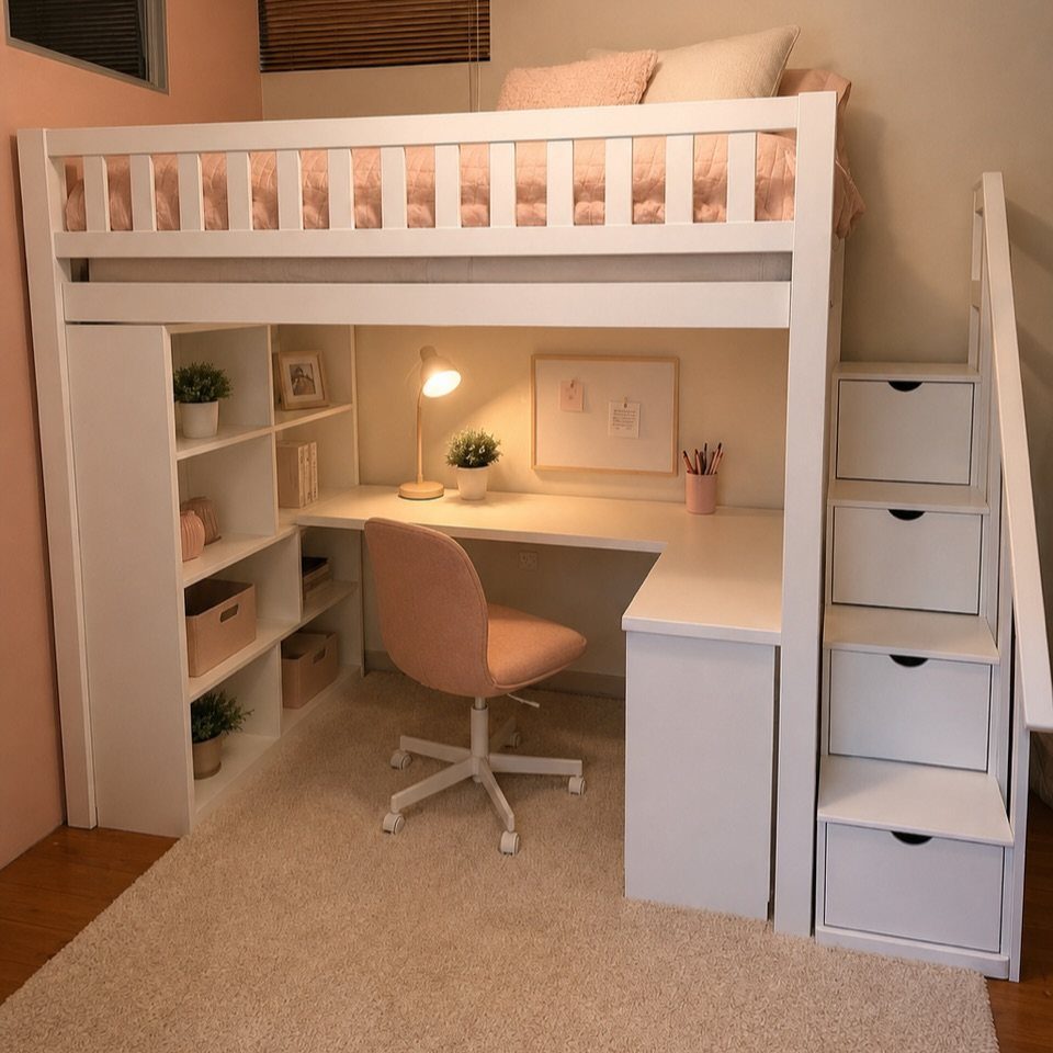 White loft bed with a built-in desk, pink chair, and storage shelves underneath.
