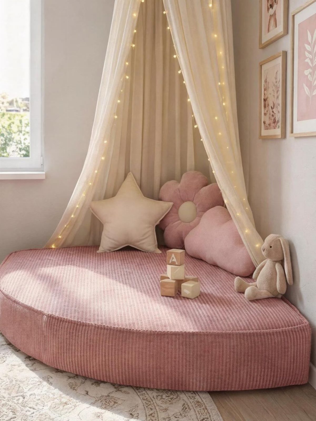 Pink corduroy floor mattress with a cream canopy and fairy lights in a bedroom.