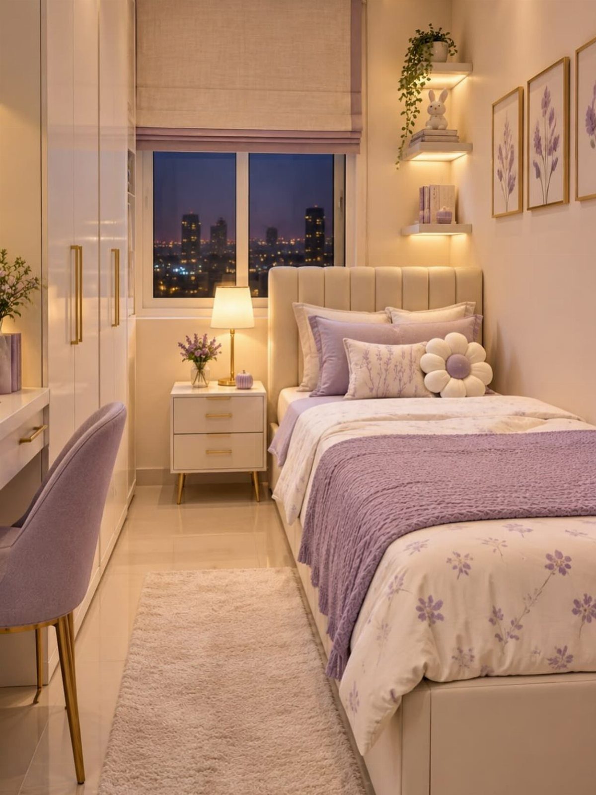 Bed with lavender bedding and tufted headboard in a light-colored girl's bedroom.