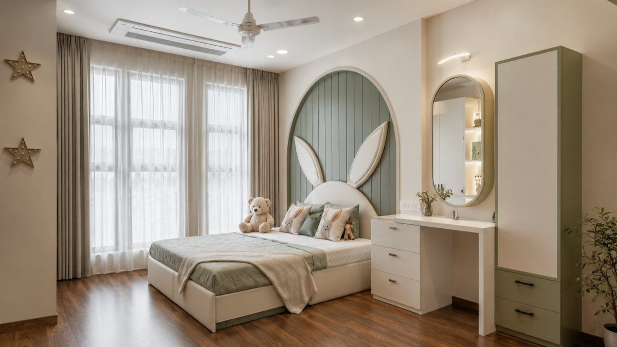 Child's bedroom with white walls, bunny-ear headboard, and a white desk and wardrobe.