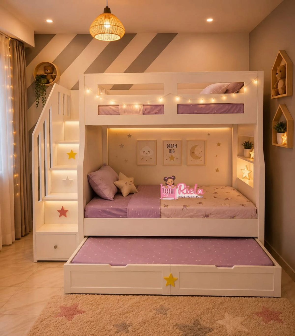 White built-in bunk bed with purple bedding and star lights in a bedroom.