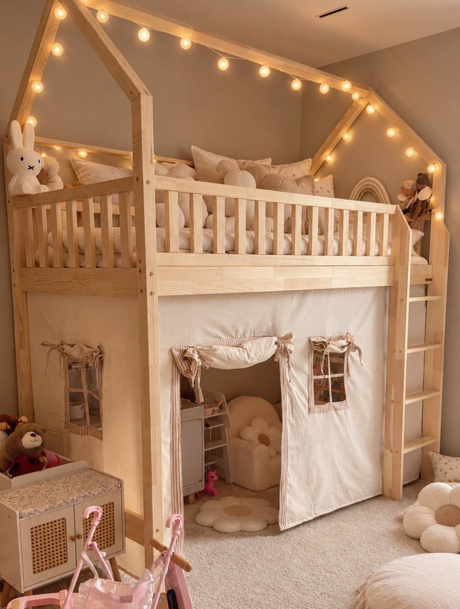 House-shaped loft bed with cream fabric curtains enclosing a cozy play area underneath.
