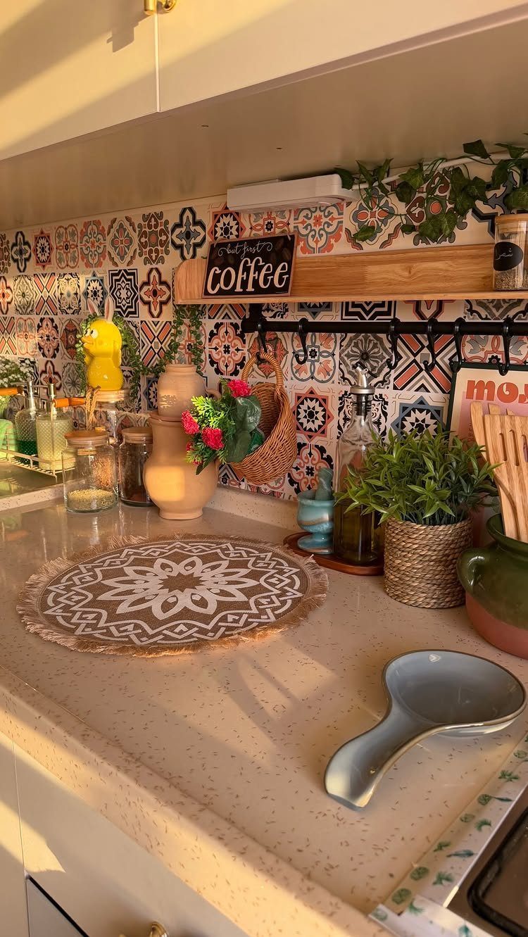 Kitchen counter with colorful patterned mosaic tile backsplash, clay pots, and green plants.