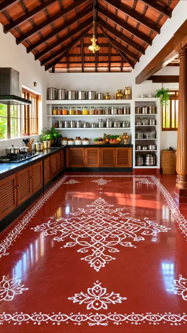 Traditional Indian kitchen with red floors, white kolam art, and wooden cabinetry.