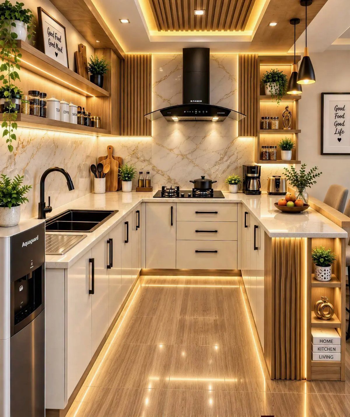 Modern white kitchen with marble walls, wooden accents, and warm under-cabinet lighting.