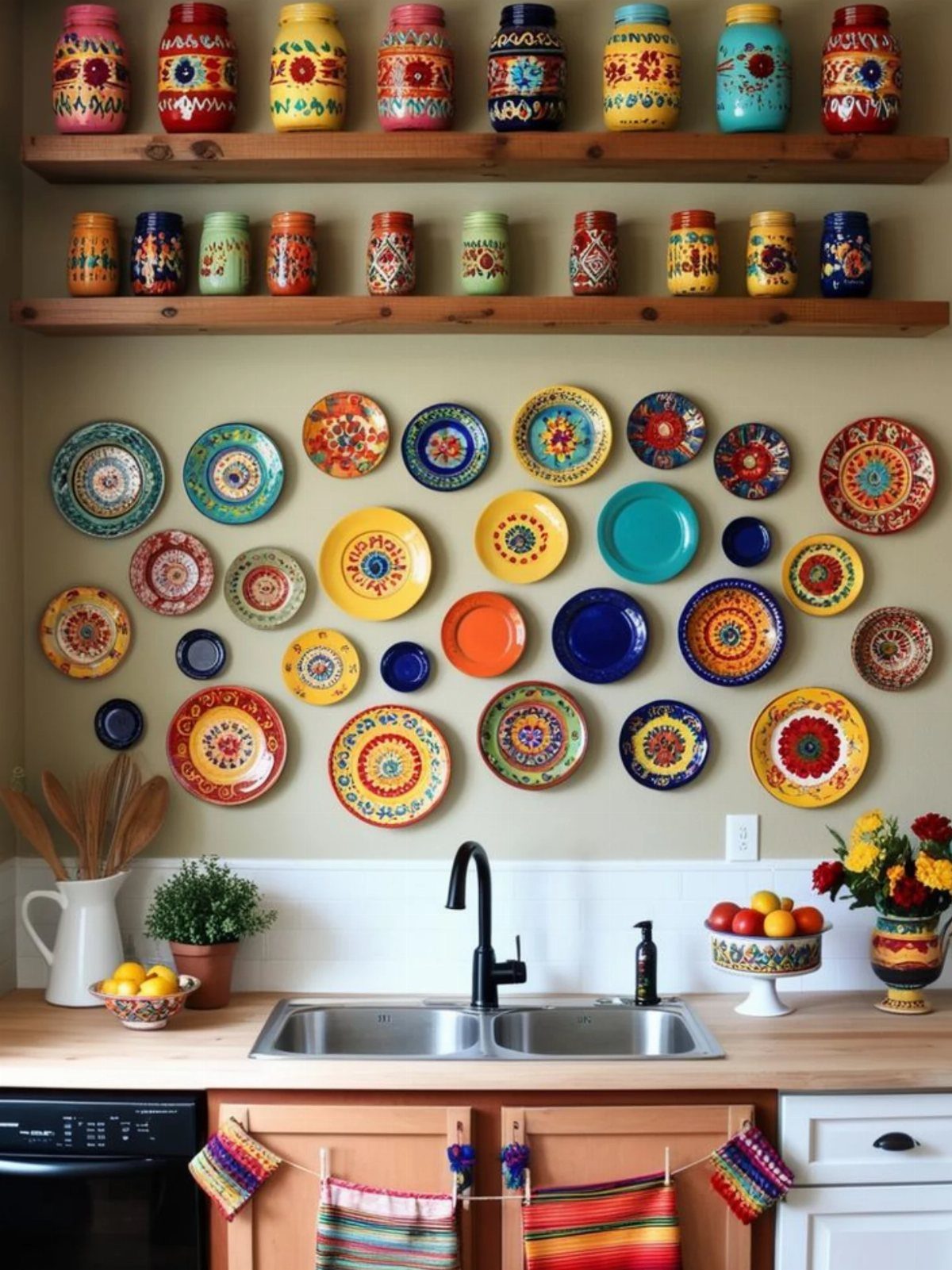 Colorful painted storage jars on wooden shelves above a wall of decorative plates.