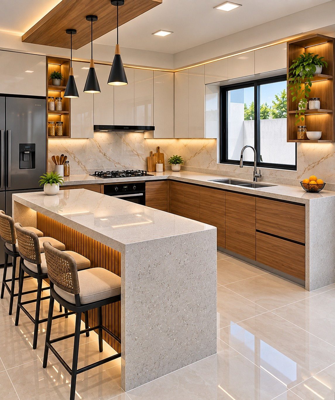 Three black cone pendant lights hanging over a white quartz kitchen island with stools.