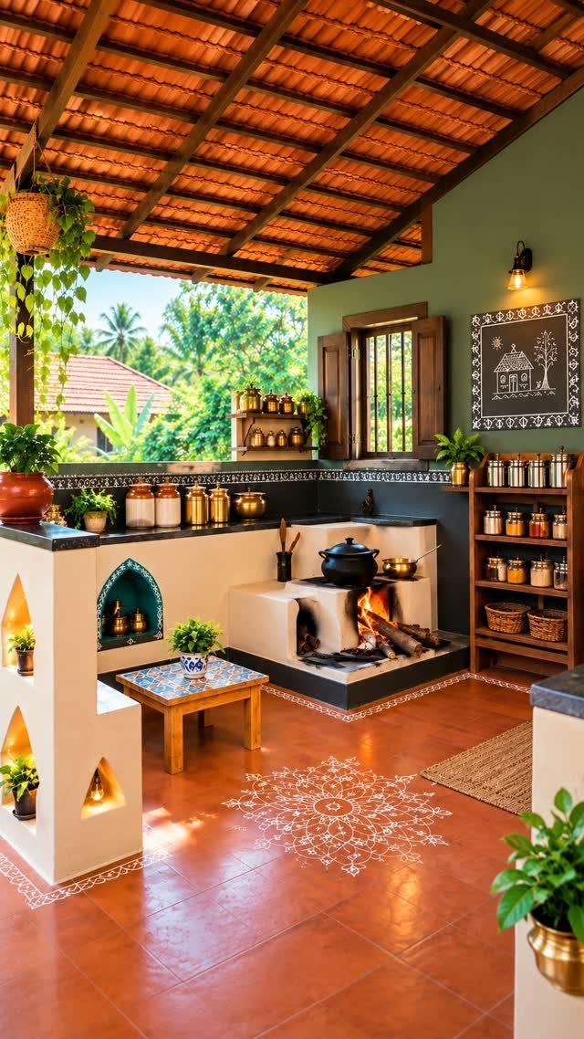 Traditional Indian outdoor kitchen with terracotta roof, red floors, and brass cookware.