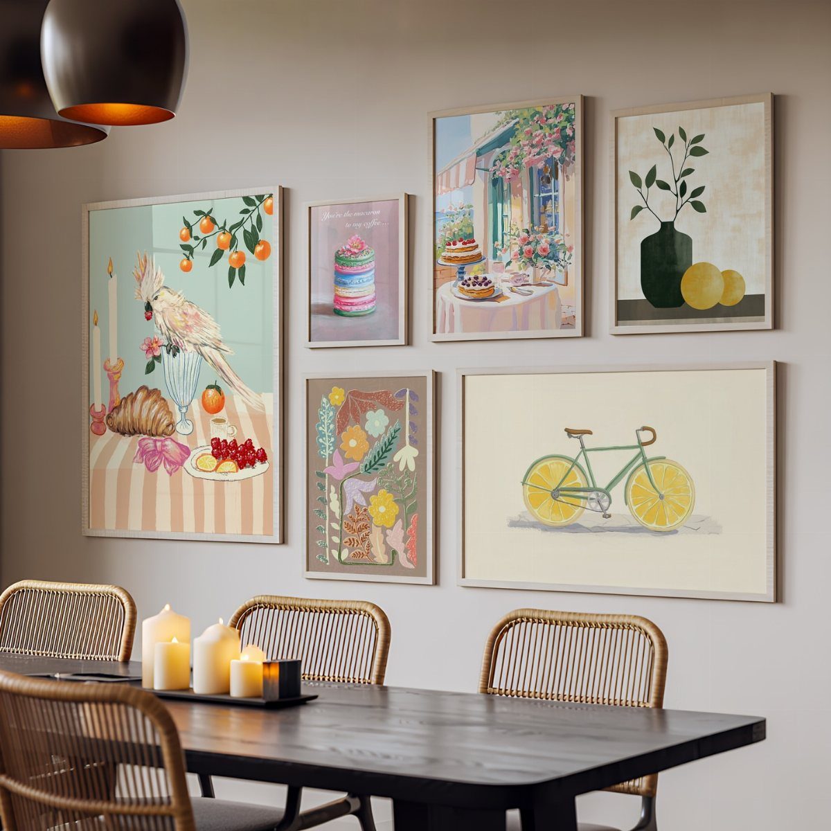 Dining room with a dark wood table and a gallery wall of colorful art.