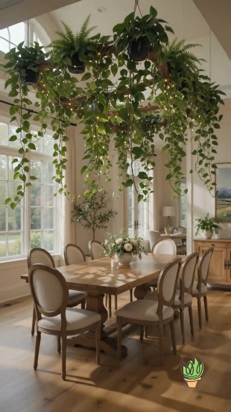 Natural wood dining table under a circular hanging garden of lush green plants.