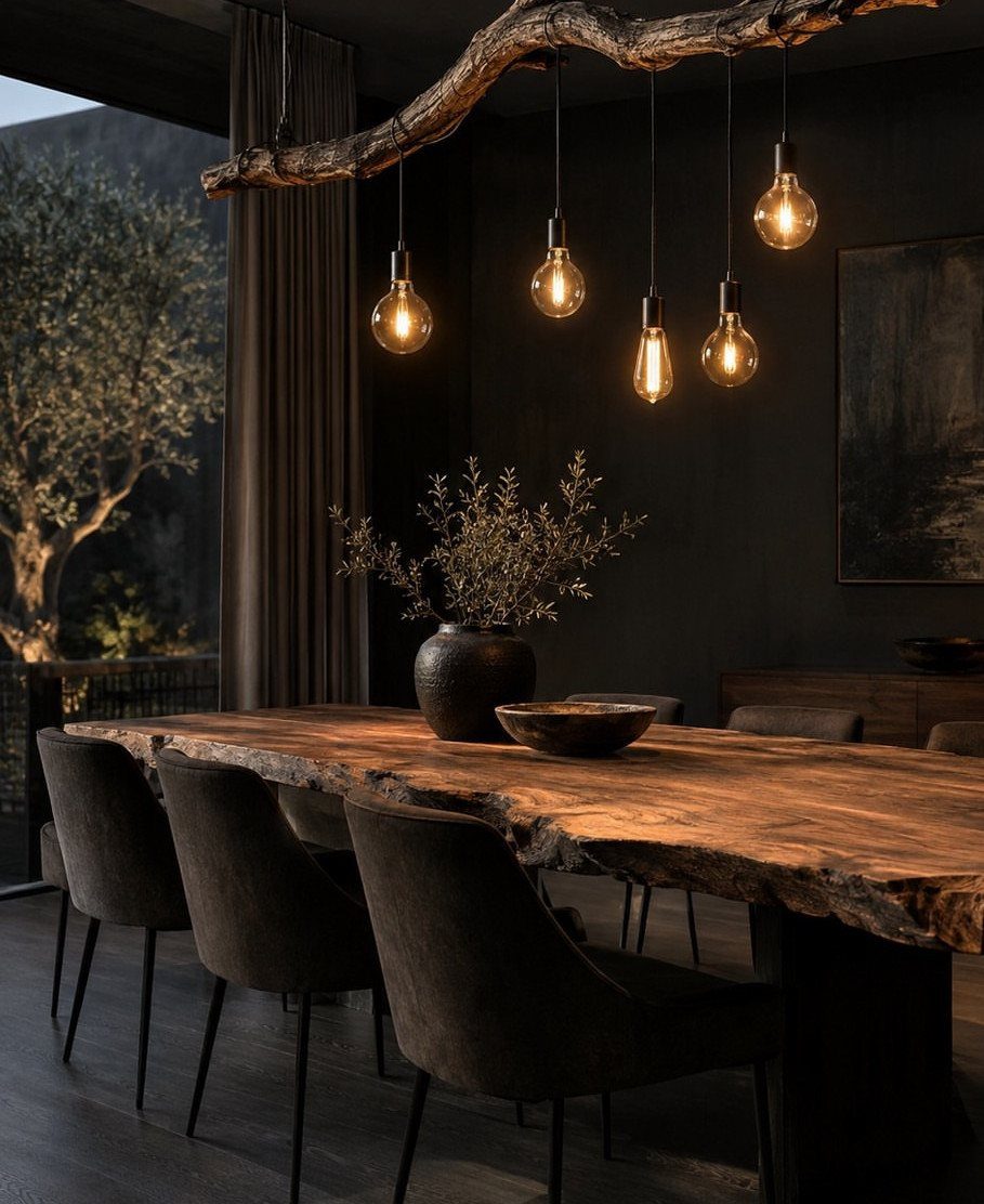 Live-edge wooden dining table under a branch light fixture in a dark room.