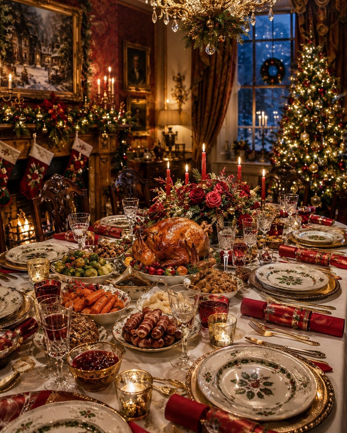 Holiday dining table with roasted turkey, festive decorations, and a Christmas tree background.