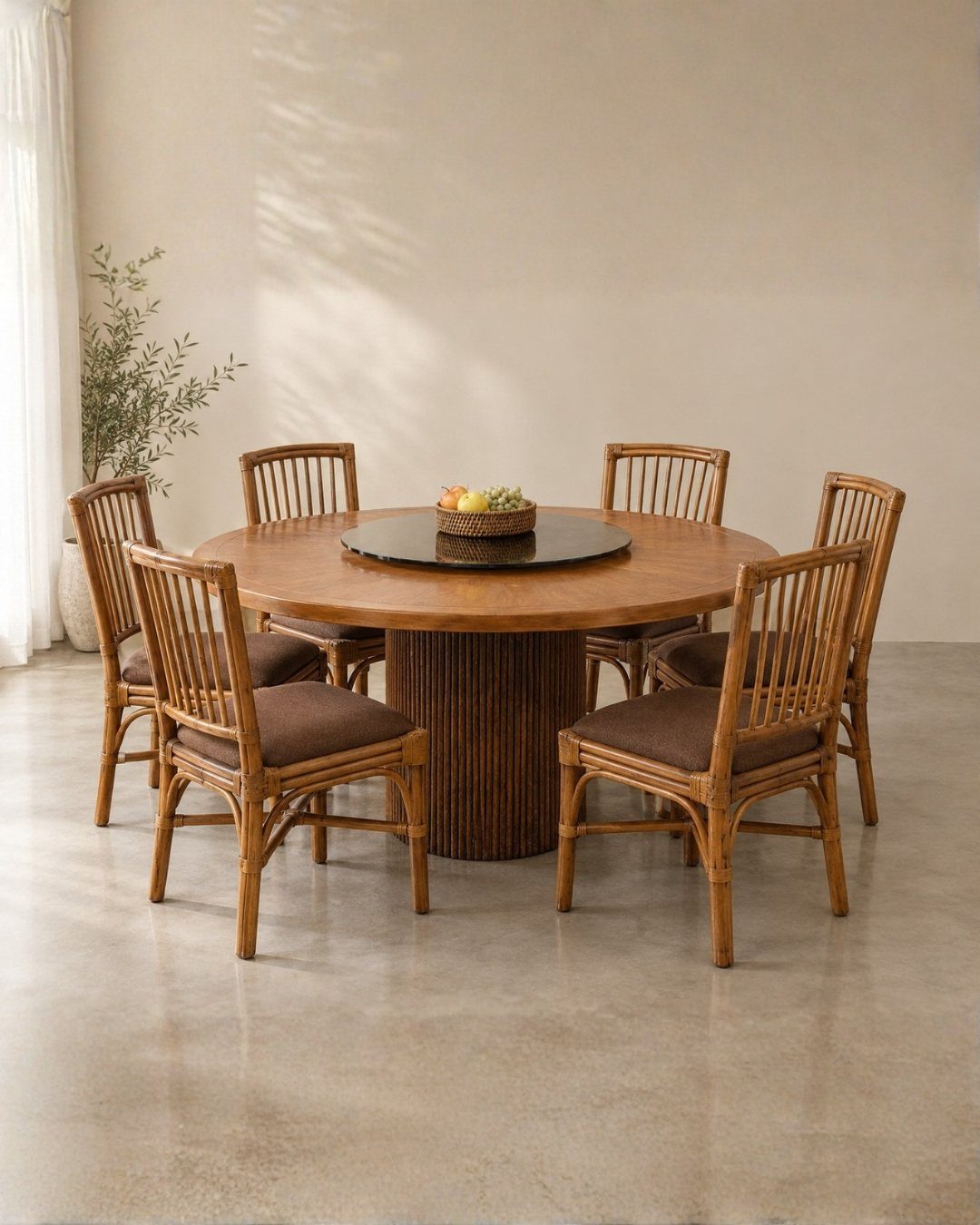 Round wooden dining table with a fluted pedestal base and six matching chairs.