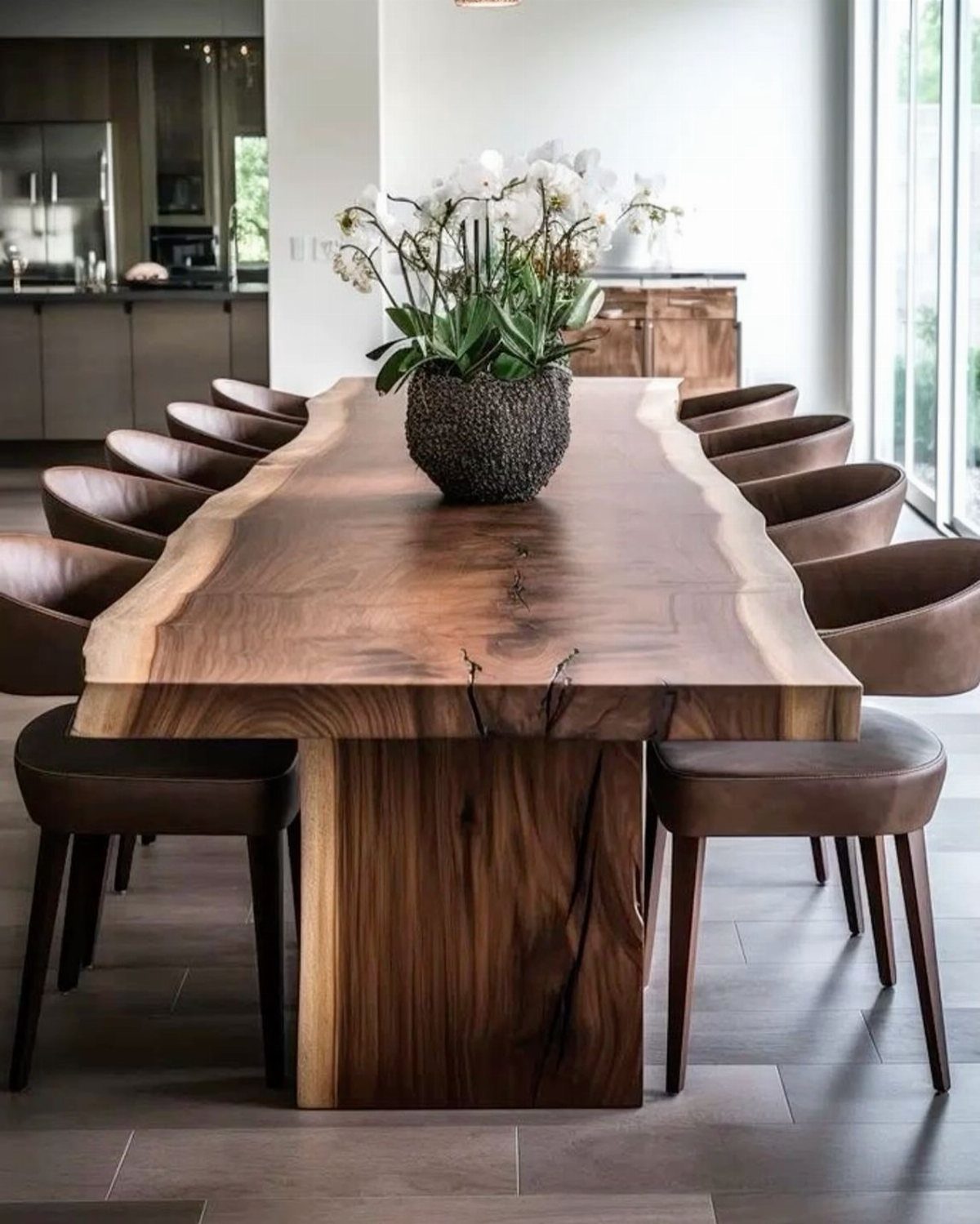 Live-edge natural wood dining table with brown leather chairs and white orchids.