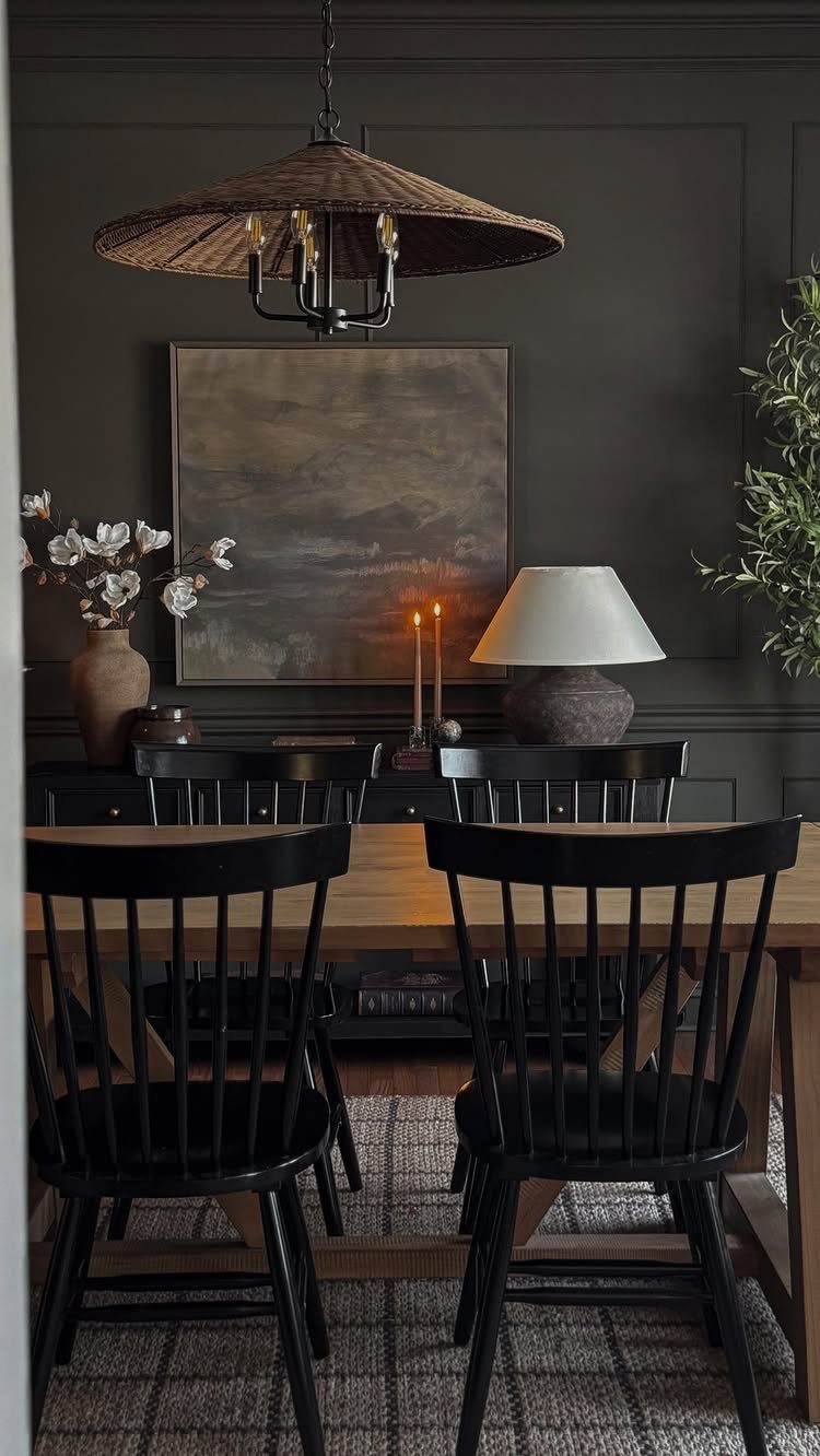 Dining room with dark grey walls, wooden table, black chairs, and woven pendant light.